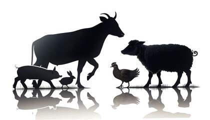 Farm animals including a cow pig rabbit chicken and sheep isolated on transparent background