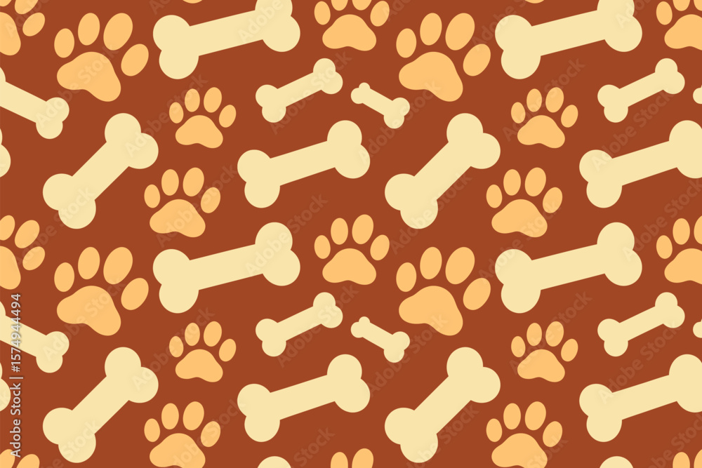 Poster a seamless pattern featuring dog paw prints and bone shapes scattered on a brown colored background 