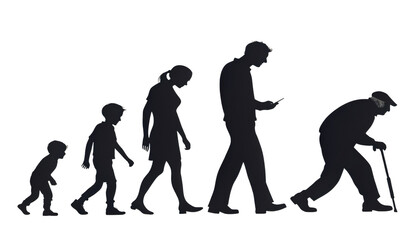 Human life cycle progression from childhood to old age with a modern twist isolated on transparent background