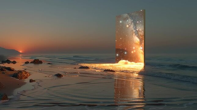 Cosmic portal appears on tranquil beach at sunset revealing a galaxy of stars and light