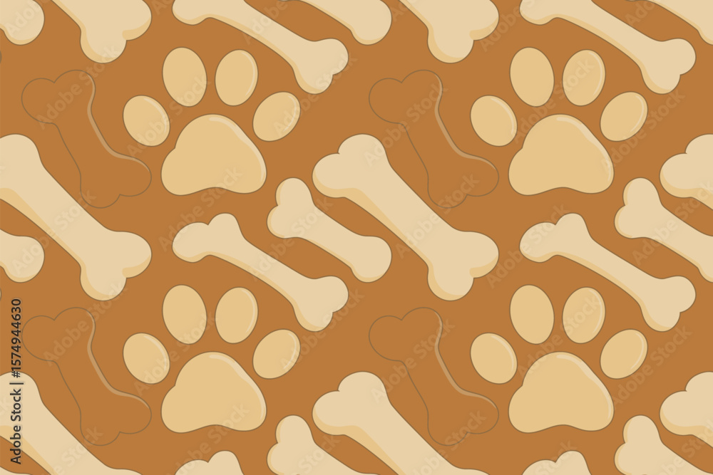 Poster a seamless pattern featuring dog paw prints and bone shapes on a brown colored background design vec