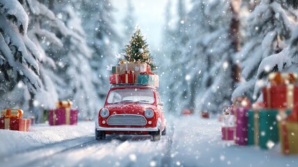 A red car delivers a Christmas tree and presents through a snowy winter forest wonderland.