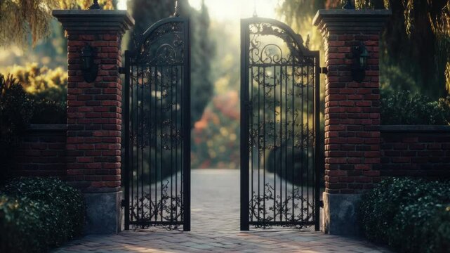 A sturdy brick wall with a metal gate and a brick walkway, perfect for architectural or landscape images