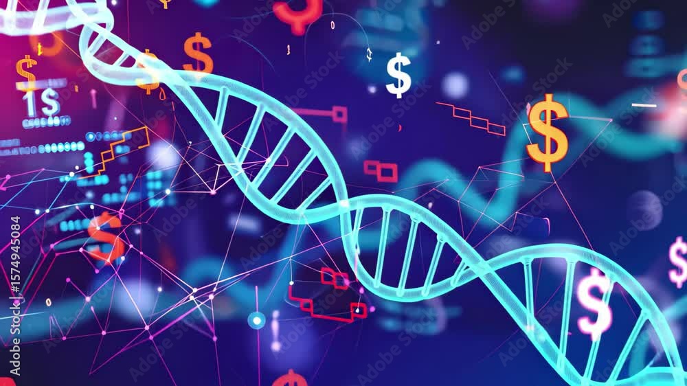 Poster exploring the intersection of biotechnology and finance through dynamic digital dna graphics and vib
