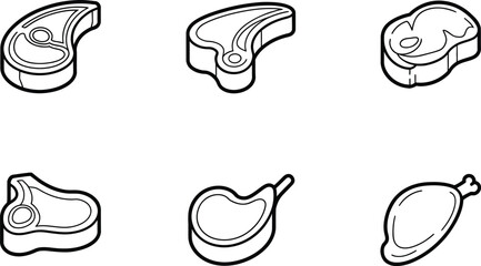 Isometric Line Art:  Various Cuts of Meat,  Simple, Clean Design,  Restaurant Menu Graphics.