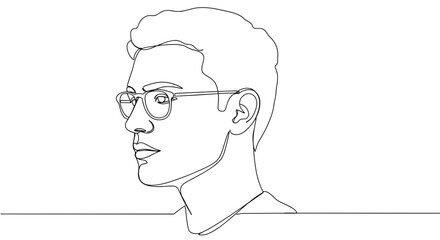 Line art drawing of young man with glasses in profile view isolated on transparent background