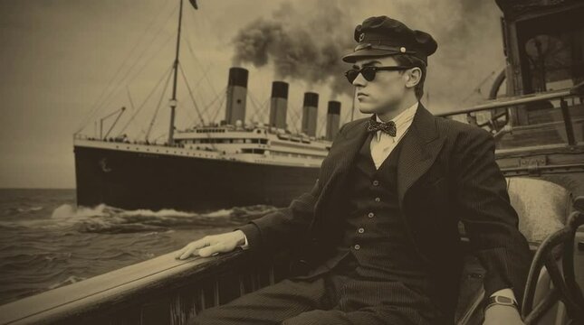 Captivating portrayal of a vintage sailor near a grand ocean liner