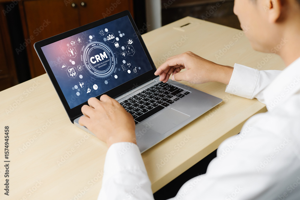 Poster customer relationship management system on modish computer for crm business and enterprise