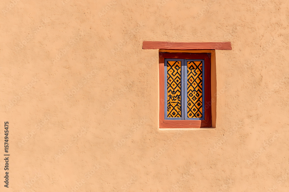 Poster adobe wall with colorful window. intricate patterns add a cultural touch to the simple architectural
