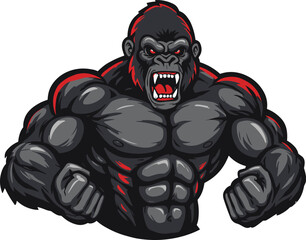 Aggressive muscular gorilla mascot illustration, powerful strong ape flexing muscles, fierce cartoon character design for sports logos, gaming, branding, and merchandise.  © Bokul Creatives