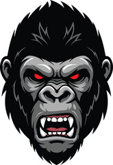 Angry gorilla head illustration with red eyes and sharp teeth, perfect for sports mascots, logos, stickers, tattoos, and vector art.Angry gorilla head illustration 