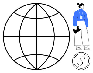 Woman with clipboard standing beside a globe outline and money icon. Ideal for globalization, finance, business strategy, economics, decision-making, international trade, simple flat metaphor