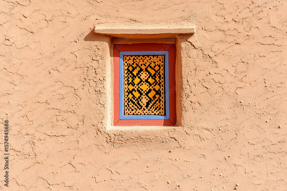 Poster a window with geometric patterned glass, encased in a colorful frame and set in a textured peach wal