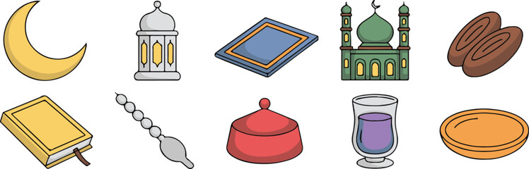 Obraz premium Islamic cultural symbols including crescent moon mosque prayer mat dates book lantern prayer beads and drink 2025 bundle set download