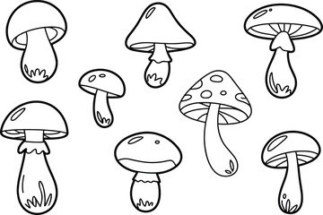 Whimsical Hand-Drawn Line Art: Collection of Cute Mushrooms, Childlike, Playful Style