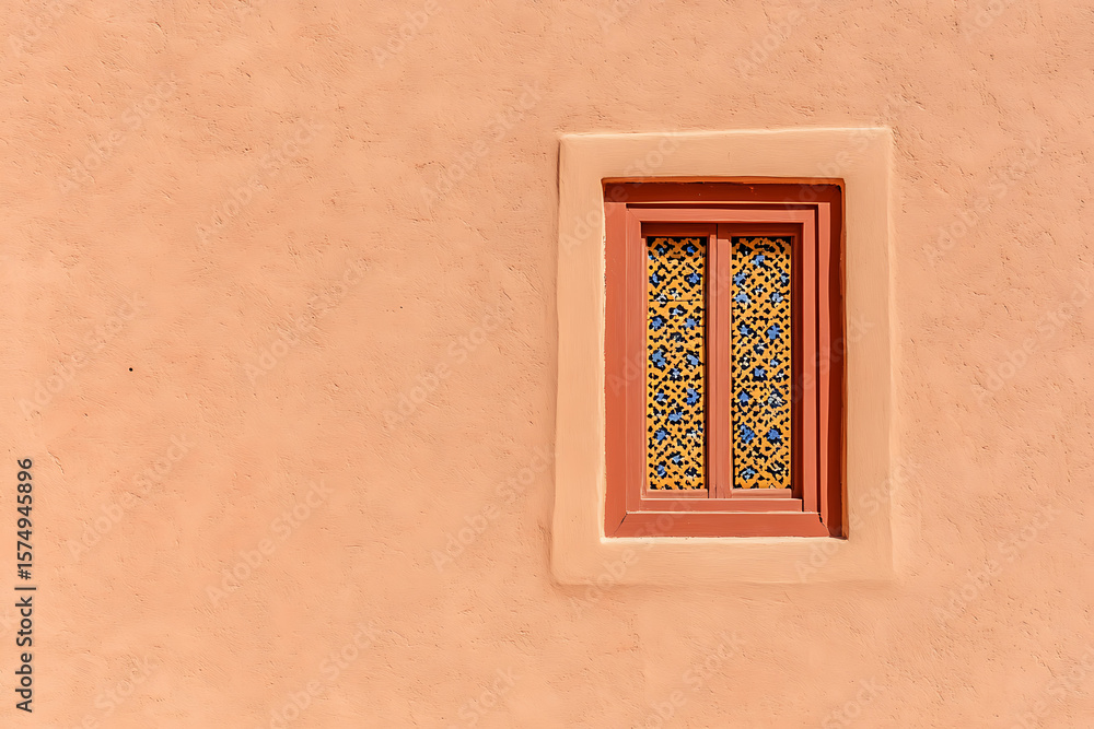 Aufkleber a window set in a textured, neutral-colored wall. the window has intricate patterned panes adding a 