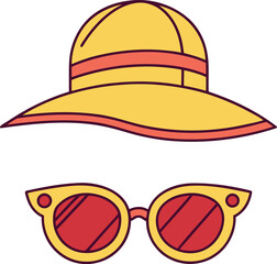 Fototapeta premium Yellow sun hat with coral band and red sunglasses with yellow frames summer fashion