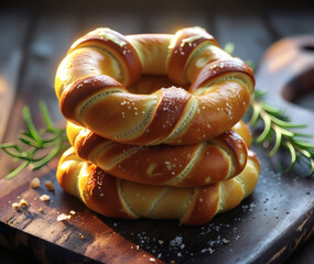 Warmly baked pretzels stacked on a wooden board with herbs in soft evening light