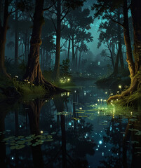 Enchanted forest at twilight with shimmering lights reflecting on tranquil water