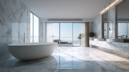 Fototapeta premium Elegant low-angle view of a luxury bathroom with a freestanding oval bathtub, marble floor, and soft daylight — perfect for serene spa-inspired home design.