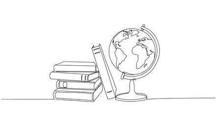 Minimalist line art drawing of globe and stacked books on transparent background
