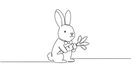 One line drawing of cute rabbit holding carrot on transparent background  