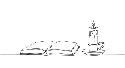 Open book and candle on table in minimalist line art style, isolated on transparent background  