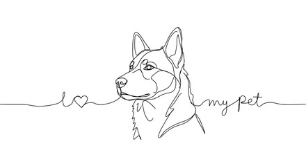 Dog line art drawing with 'I love my pet' slogan on transparent background  