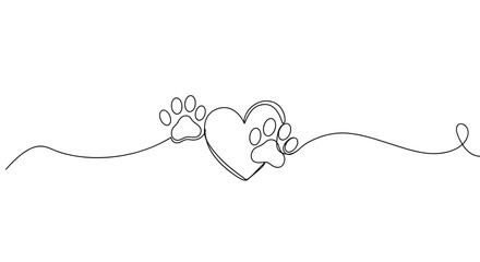 Heart with paw prints in continuous line art style on transparent background  