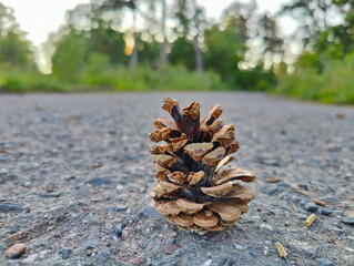 A pine cone sitting on the side of a road