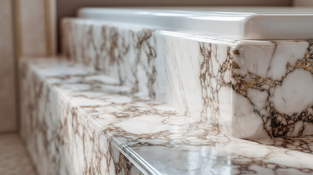 Detail close-up of a marble bathtub edge with a golden faucet and natural light reflections — showcasing refined minimalist luxury and timeless elegance. - Powered by Adobe
