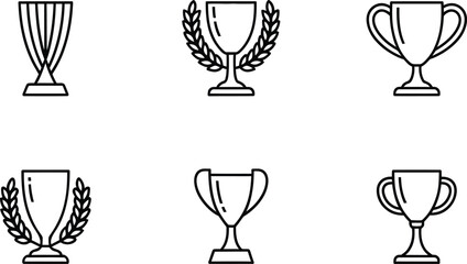 Award Icons:  Line Art Trophy and Cup Set; Achievement, Victory, Success Symbols.