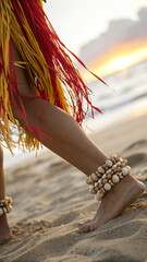 A detailed close-up of a Hawaiian hula dancer's tanned feet, adorned with traditional anklets made of kukui nuts, gracefully stepping onto the sand. Her red and yellow grass skirt sways in the breeze