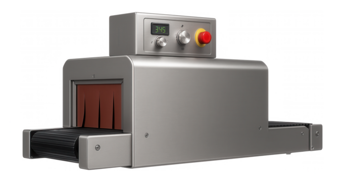 Shrink wrapping tunnel with adjustable temperature settings and conveyor for garment packaging operations