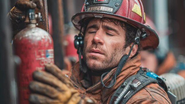 Urban firefighter prepares oxygen tank for hazardous environment, demonstrating determination and focus with essential firefighting gear and safety