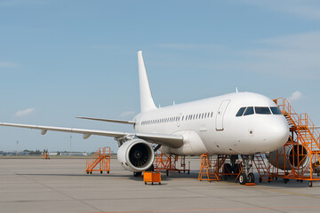 Commercial airplane undergoing maintenance at airport hangar with technicians around