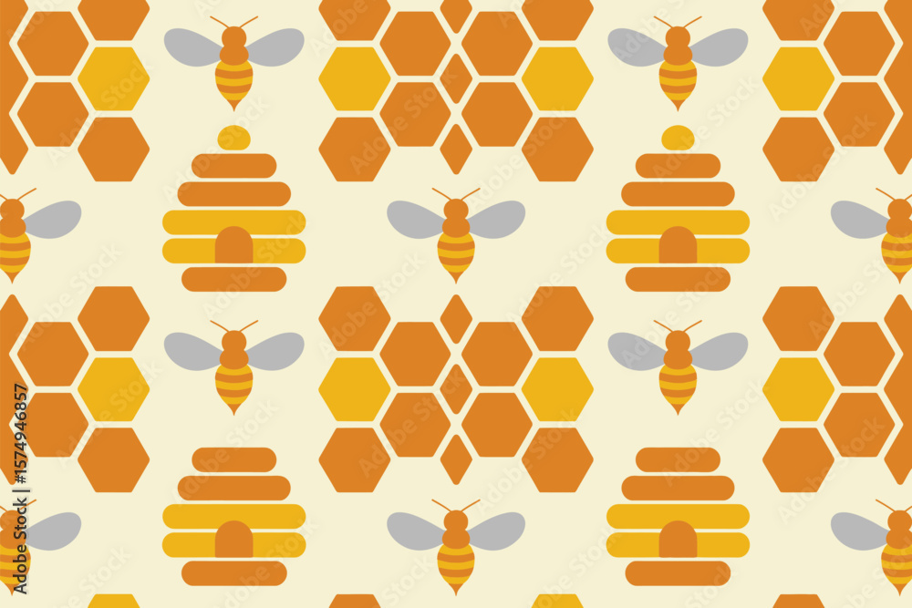 Poster a repeating pattern of beehives, honeycombs, and bees on a light background in a stylized design