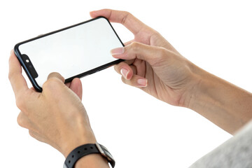 Close up of hands holding a smartphone horizontally with a blank white screen isolated on transparent background