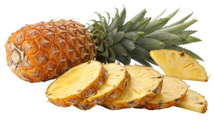 Whole ripe pineapple with slices and crown isolated on transparent background