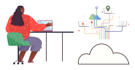 Woman operating laptop at desk with visual cloud, connected icons, and data pathways. Ideal for technology, cloud computing, digital collaboration, remote work, data sharing, innovation teamwork