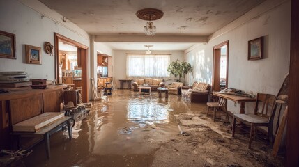 Stunning photo of water damage restoration process in house. Flooded interior with water covering floor. Furniture, belongings displaced. Construction equipment like.