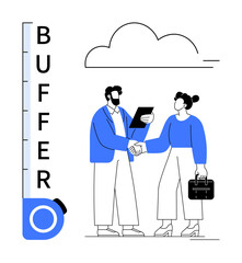 Two business professionals shaking hands, one holding a tablet, with a vertical scale and cloud. Ideal for teamwork, collaboration, negotiation, contracts, partnerships progress and business. A