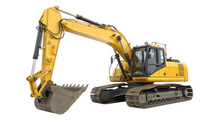 Heavy yellow excavator with a large bucket and tracks isolated on transparent background
