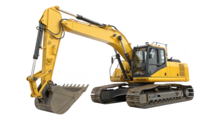 Heavy yellow excavator with a large bucket and tracks isolated on transparent background