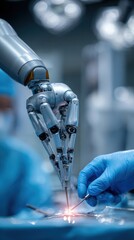 Stunning photo of close-up of a robotic arm performing a precise surgical operation in a sterile medical environment with advanced technology and skilled healthcare professional.