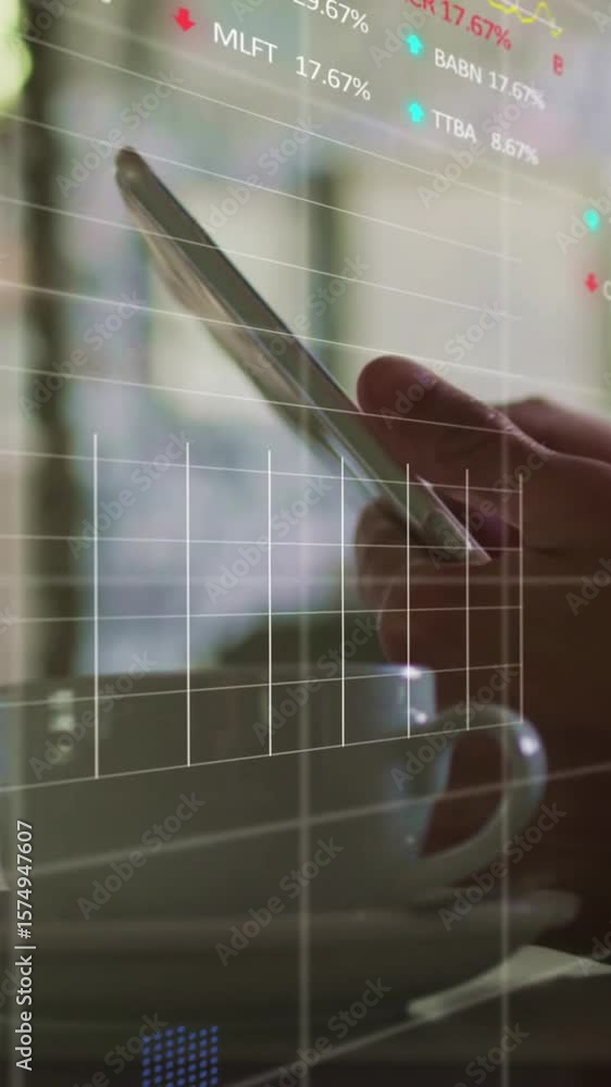 Poster animation of financial data processing over hands using smartphone