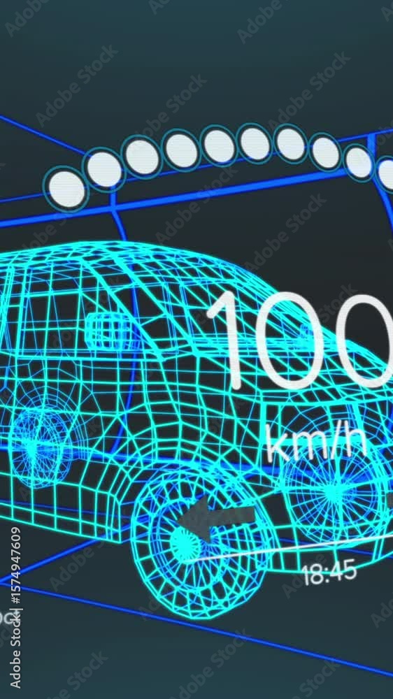 Poster animation of speedometer and data processing over 3d truck model against tunnel in seamless pattern