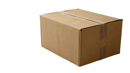 A single cardboard shipping box sealed with tape isolated on a transparent background isolated on transparent background