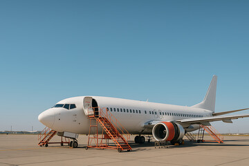 Commercial airplane undergoing maintenance at airport hangar with technicians around