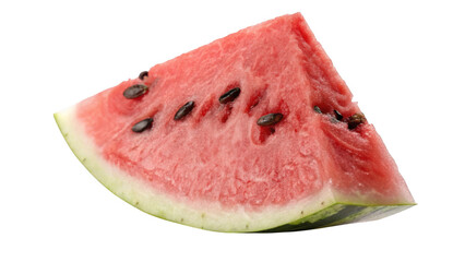 Juicy slice of fresh watermelon with black seeds and green rind isolated on transparent background